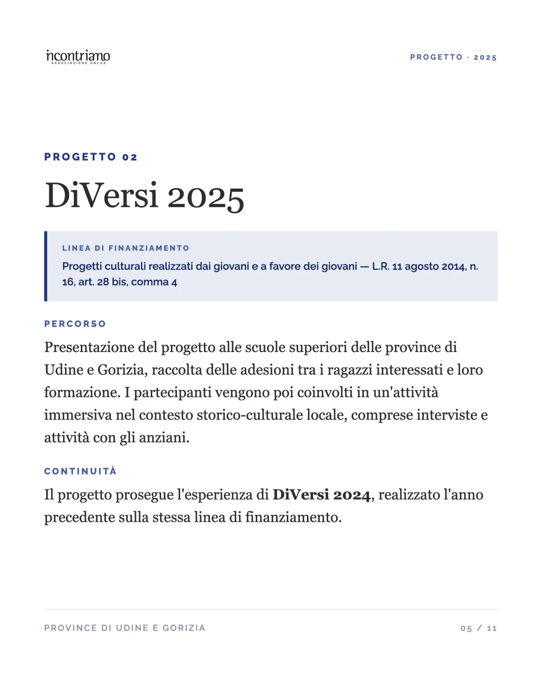 Scheda del progetto DiVersi 2025: presentazione alle scuole superiori di Udine e Gorizia, formazione dei ragazzi, attività e interviste con gli anziani